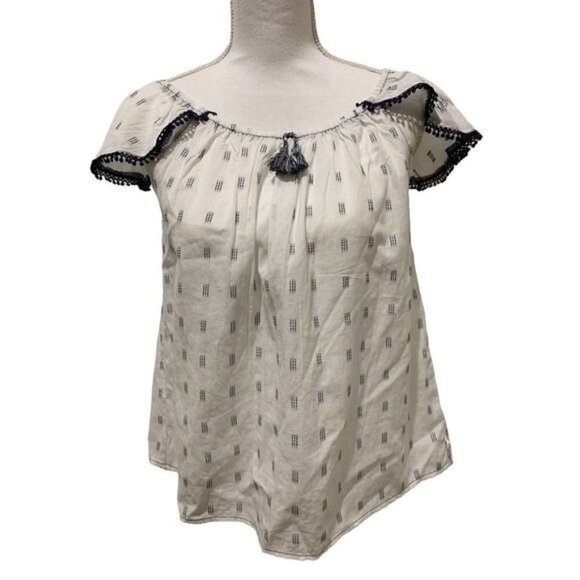 Lucky Brand Womens Top Off The Shoulder Crochet Trim White Navy Size Small NWT - Picture 1 of 12